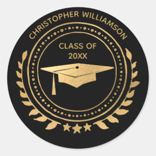 Personalised Graduate Black Gold Classic Monogram Round Sticker