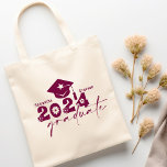 Personalised Graduate Class of 2024 Maroon Tote Bag<br><div class="desc">Graduate Class of 2024 quote features a cap with tassel,  modern topography and calligraphy script,  accented with florals and hearts.  Easily personalise with your name of choice and monogram on back.  Great gift idea for that special grad.  (School Colour: Maroon)</div>