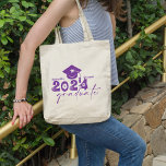 Personalised Graduate Class of 2024 Purple Tote Bag<br><div class="desc">Graduate Class of 2024 quote features a cap with tassel,  modern topography and calligraphy script,  accented with florals and hearts.  Easily personalise with your name of choice and monogram on back.  Great gift idea for that special grad.  (School Colour: Purple)</div>