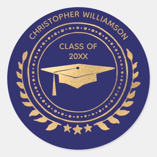 Personalised Graduate Gold Blue Monogram Classic Round Sticker (Front)