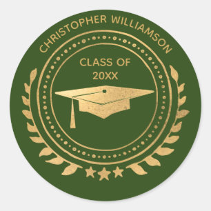 Personalised Graduate Green Gold Classic Monogram Classic Round Sticker