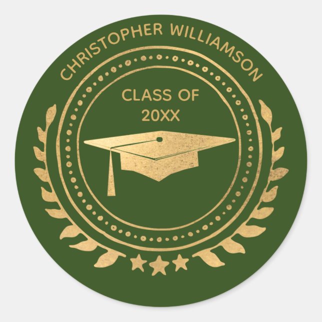 Personalised Graduate Green Gold Classic Monogram Classic Round Sticker (Front)