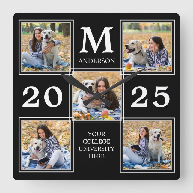 Personalised Graduate Monogram Photo Collage Square Wall Clock (Front)