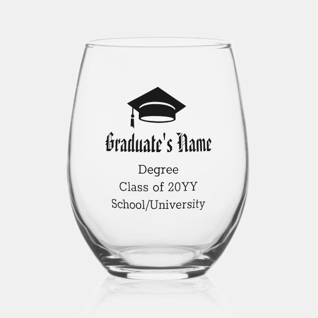 Personalised Graduate Name Cap Tassel Class Black Stemless Wine Glass (Front)