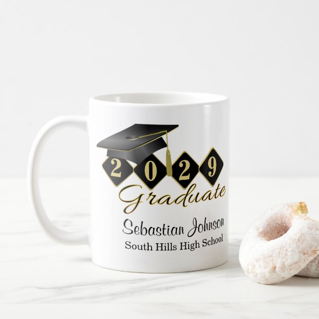 Personalised Graduation Black & Gold 20XX Coffee Mug (With Donut)