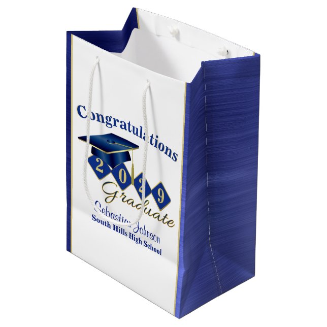 Personalised Graduation Blue and Gold Medium Gift Bag (Front Angled)