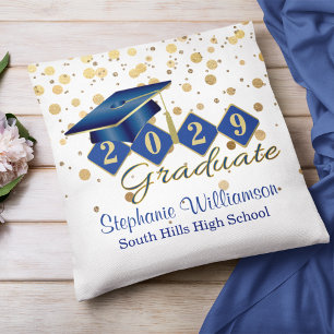 Personalised Graduation Blue & Gold Confetti Cushion