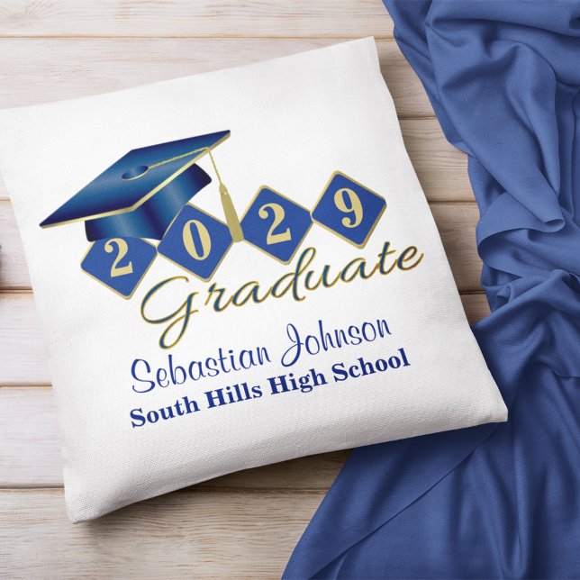 Personalised Graduation Blue & Gold Cushion (Personalized Graduation Blue & Gold Throw Pillow)