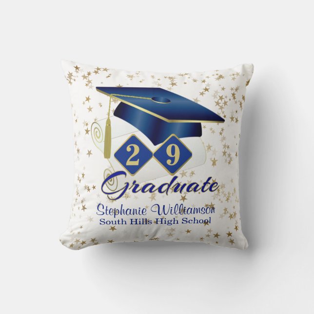 Personalised Graduation Blue & Gold Stars Cushion (Front)