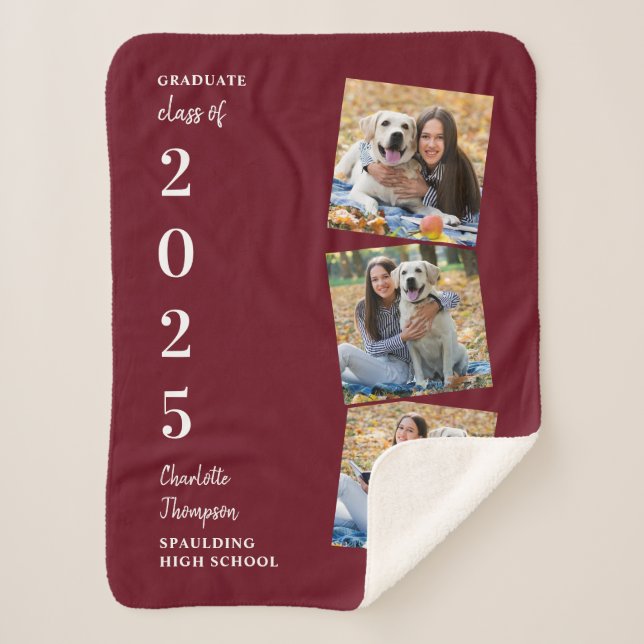 Personalised Graduation Burgundy Photo Collage Sherpa Blanket (Front)