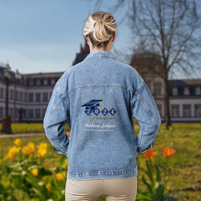 Personalised Graduation Cap Blue Gold Denim Jacket (Personalized Graduation Cap Blue Gold Denim Jacket)