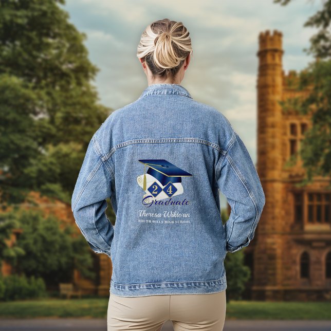 Personalised Graduation Cap Blue Gold Denim Jacket (Personalized Graduation Cap Blue Gold Denim Jacket)