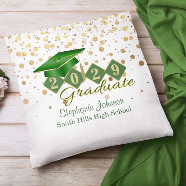 Personalised Graduation Confetti Green & Gold Cushion (Personalized Graduation Confetti Green & Gold Throw Pillow)