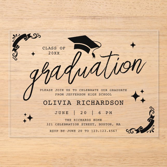 Personalised Graduation Elegant Script Stars & Cap Acrylic Invitations (Front)