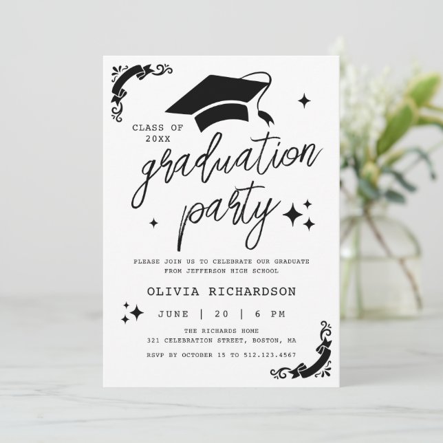 Personalised Graduation Elegant Script Stars & Cap Invitation (Standing Front)