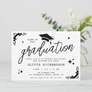 Personalised Graduation Elegant Script Stars & Cap Invitation