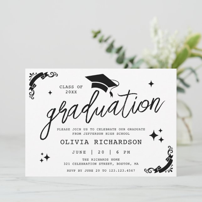 Personalised Graduation Elegant Script Stars & Cap Invitation (Standing Front)