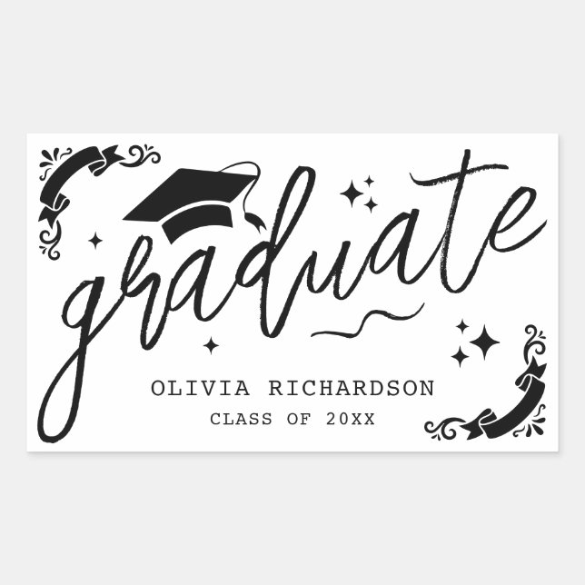 Personalised Graduation Elegant Script Stars & Cap Rectangular Sticker (Front)