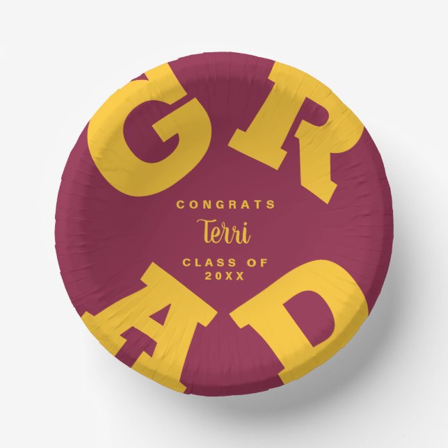 Personalised Graduation Gold on Maroon Paper Plate (Front)