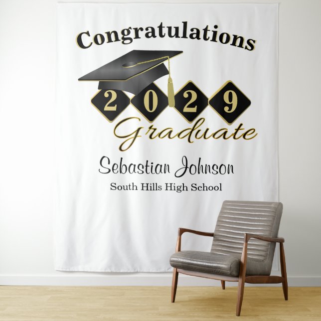 Personalised Graduation Party Black & Gold Tapestry (In Situ)