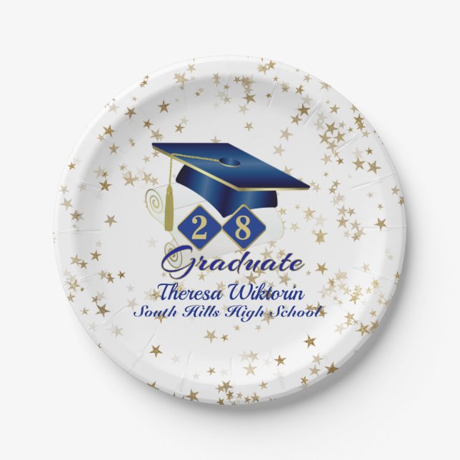 Personalised Graduation Party Blue & Gold 20XX Paper Plate (Front)