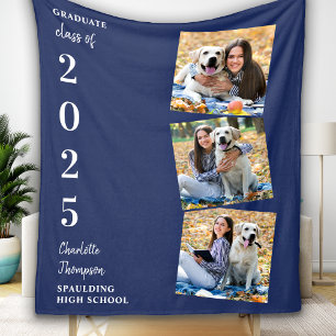 Personalised Graduation Photo Collage Navy Blue  Fleece Blanket