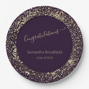 Personalised Graduation Purple  Gold Glitter Paper Plate