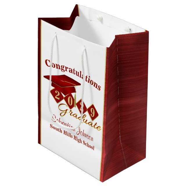 Personalised Graduation Red and Gold Medium Gift Bag (Front Angled)