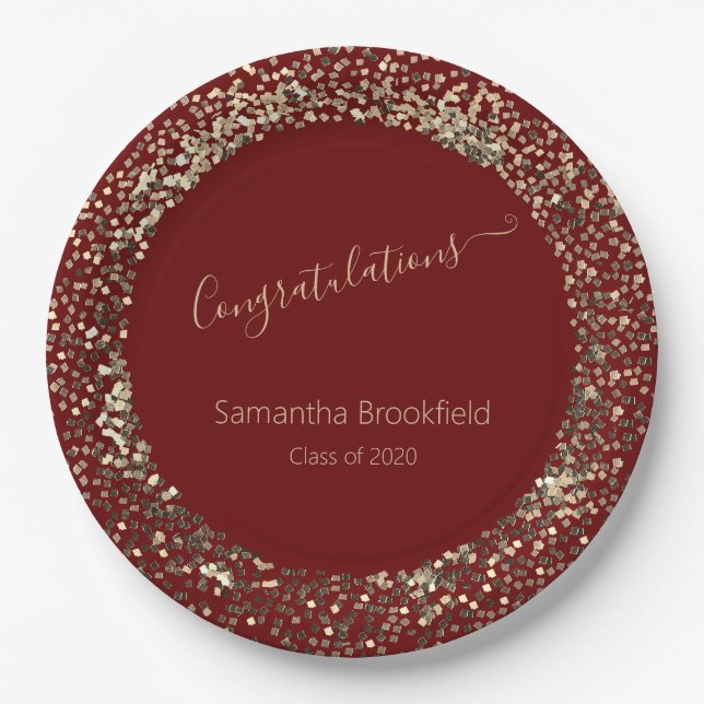 Personalised Graduation Red Gold Glitter Paper Plate (Front)