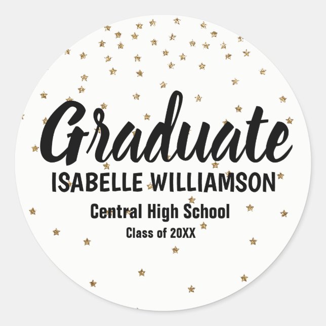 Personalised Graduation Sticker,  Tiny Gold Stars Classic Round Sticker (Front)