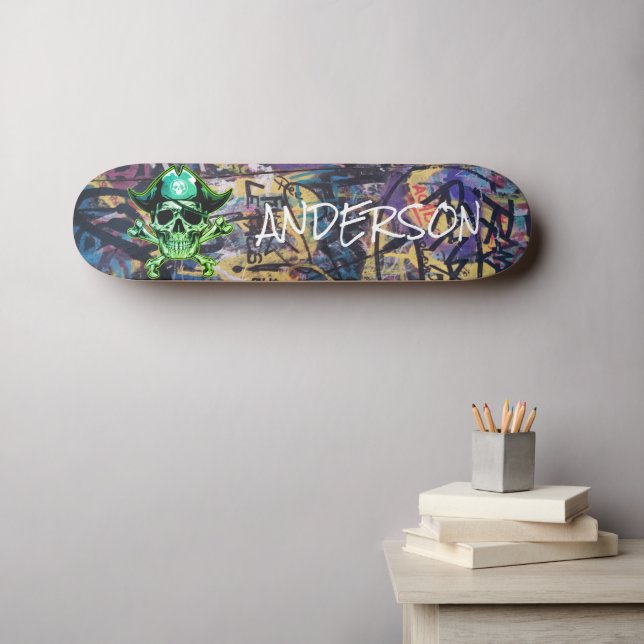 Personalised Graffiti Green Pirate Skull  & Cross  Skateboard (Wall Art (Horz))