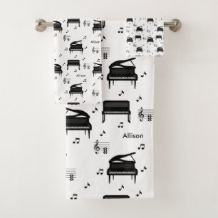 Personalised Grand Piano and Music Notes Pattern Bath Towel Set
