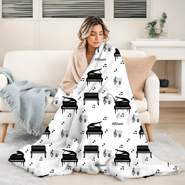 Personalised Grand Piano and Music Notes Pattern Fleece Blanket (Creator Uploaded)