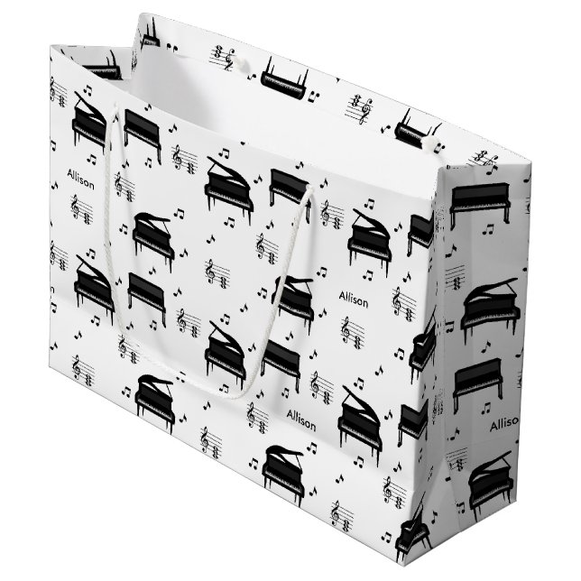 Personalised Grand Piano and Music Notes Pattern Large Gift Bag (Front Angled)