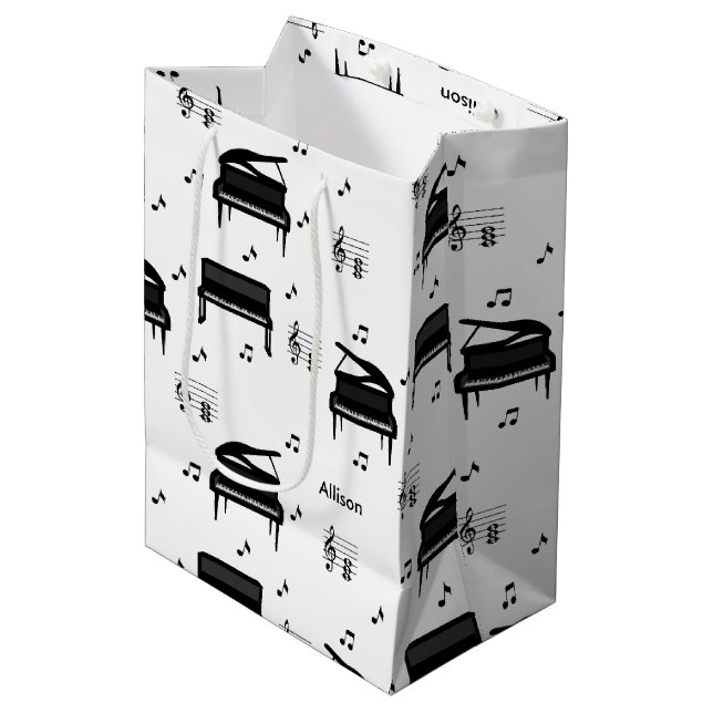 Personalised Grand Piano and Music Notes Pattern Medium Gift Bag (Front Angled)