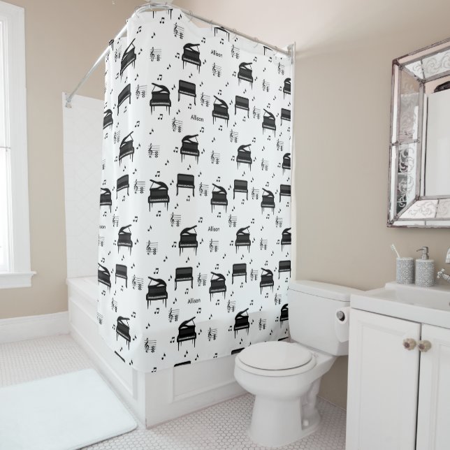 Personalised Grand Piano and Music Notes Pattern Shower Curtain (In Situ)