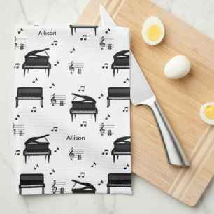 Personalised Grand Piano and Music Notes Pattern Tea Towel