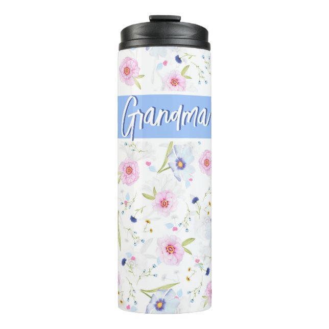 Personalised Grandma Beautiful Floral Pink Blue  Thermal Tumbler (Front)