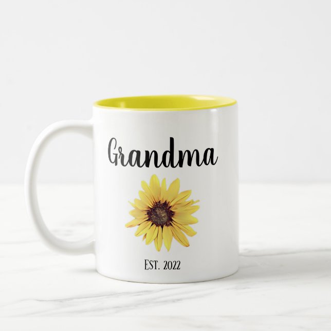 Personalised Grandma Est. Painted Sunflower Two-Tone Coffee Mug (Left)