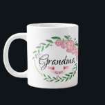 Personalised Grandma Established Flower Wreath Large Coffee Mug<br><div class="desc">================ DESIGN INFORMATION ================ 
Personalised Grandma Established Flower Wreath with hand-painted pink and white banner mug. Perfect gift for grandma. 
More designs available in our store. For further customisation or matching products contact us.</div>