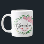 Personalised Grandma Established Flower Wreath Large Coffee Mug<br><div class="desc">================ DESIGN INFORMATION ================ 
Personalised Grandma Established Flower Wreath with hand-painted pink and white banner mug. Perfect gift for grandma. 
More designs available in our store. For further customisation or matching products contact us.</div>