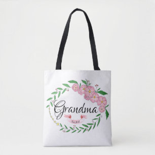 Personalised Grandma Established Flower Wreath Tote Bag