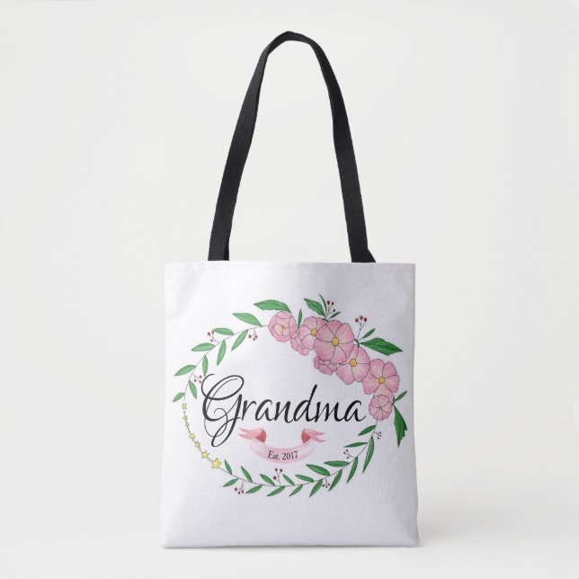 Personalised Grandma Established Flower Wreath Tote Bag (Front)