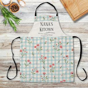Personalised Grandma Kitchen Blue Gingham Floral Apron