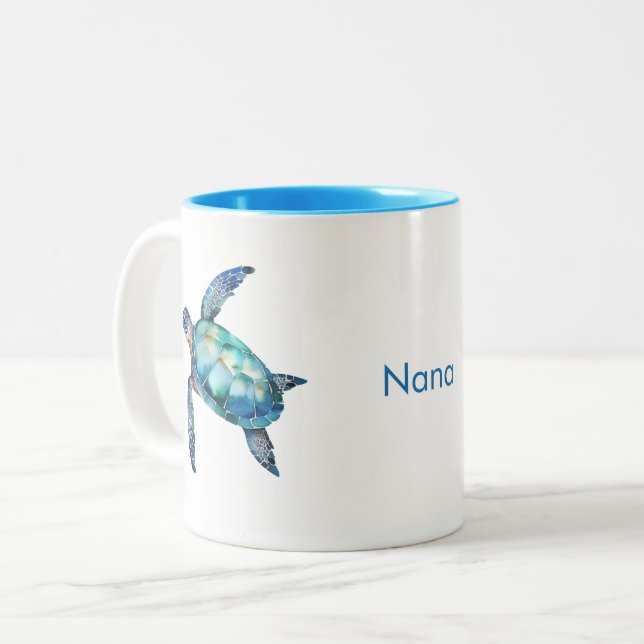 Personalised Grandma Name Turquoise Sea Turtle  Two-Tone Coffee Mug (Front Left)