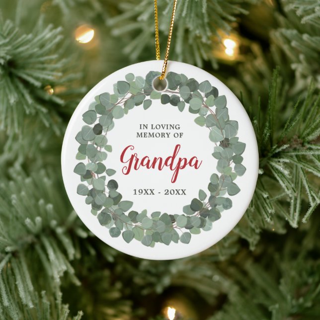 Personalised Grandpa Memorial Rustic Sage Wreath Ceramic Tree Decoration (Tree)