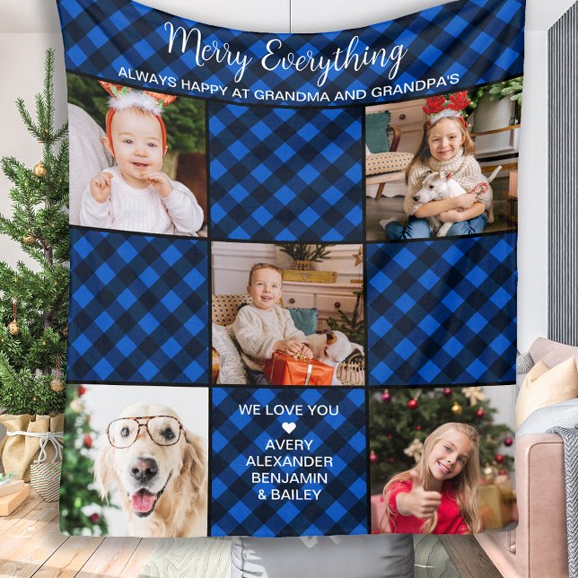 Personalised Grandparents Blue Plaid 5 Photo Fleece Blanket (Creator Uploaded)