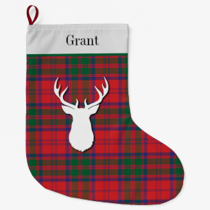 Personalised Grant Tartan Green Red Plaid Large Christmas Stocking