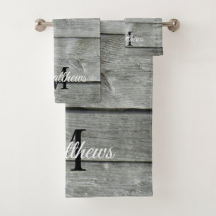 Personalised Gray Country Rustic Monogram Name  Bath Towel Set