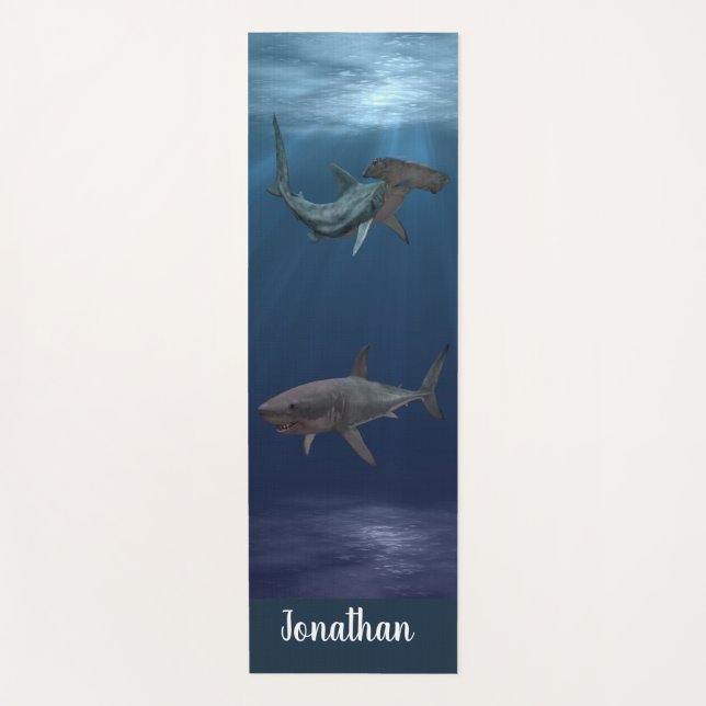 Personalised Great White and Hammerhead Sharks Yoga Mat (Front)